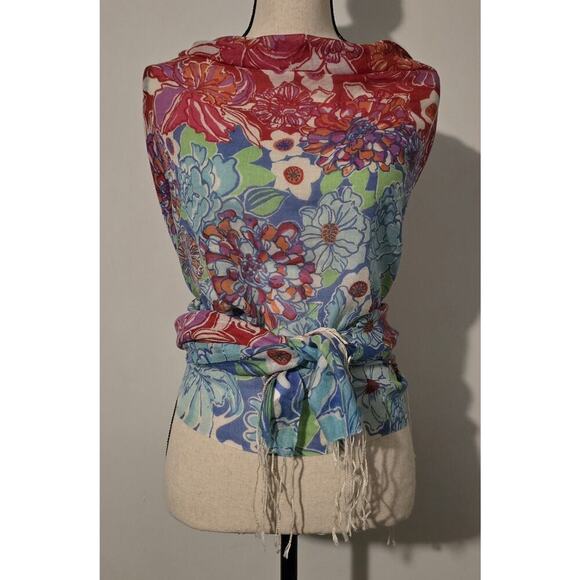 Lilly Pulitzer Murfee Scarf 51%Silk 49% Cashmere Gorgeous Floral & Fringe 78x28 - Picture 6 of 7
